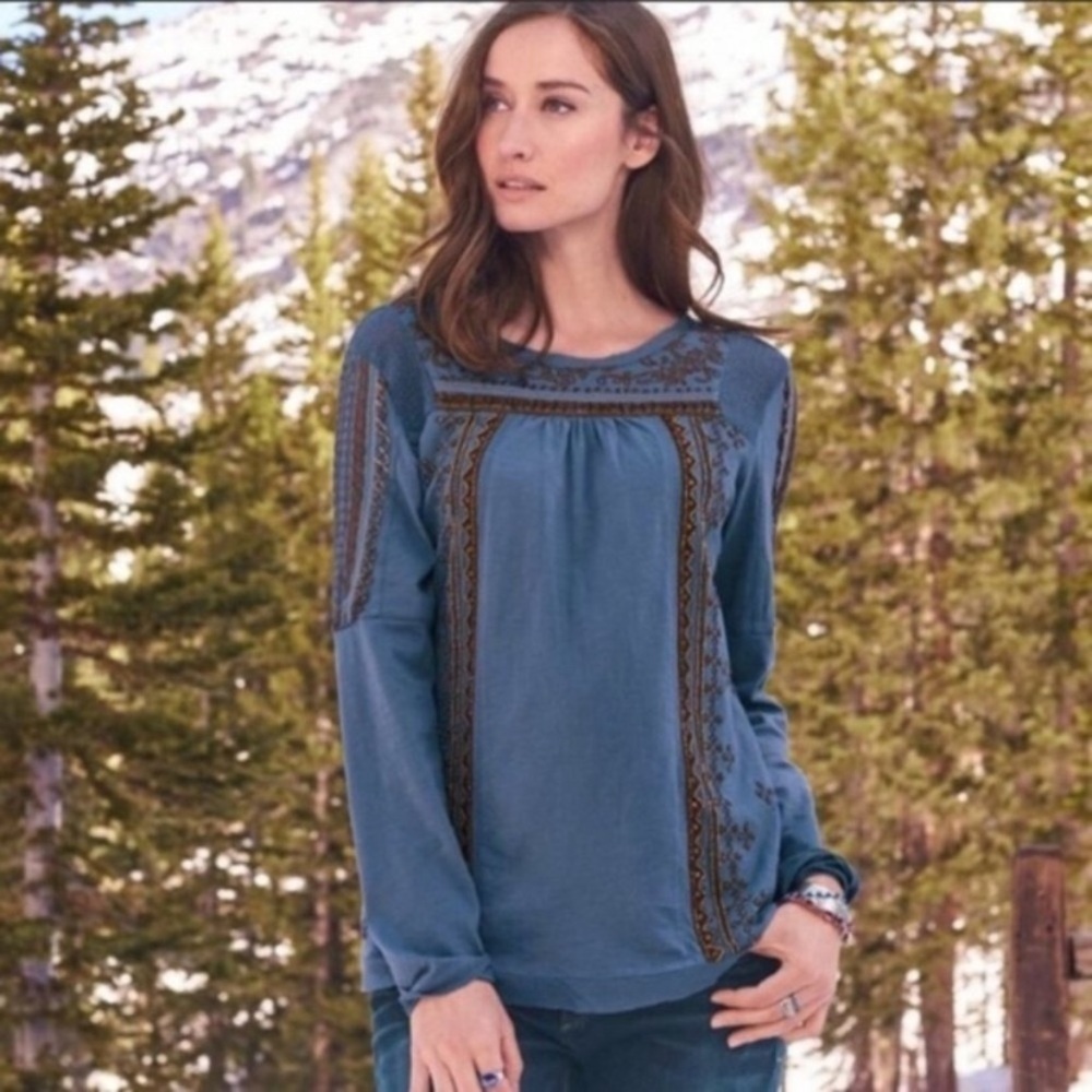 Sundance Boho Top Beaded Embroidered Blue Copper Long Sleeve Women’s Size Small